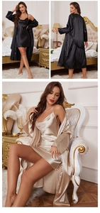 Lustrous satin pajama set featuring a V-neck chemise and long-sleeved belted robe