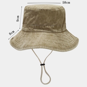 Solid color washed cotton wide brim bucket hat with adjustable beige windproof rope