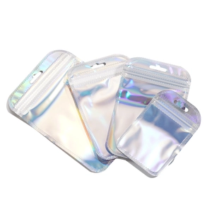Detail view of holographic laser resealable bags showing vibrant iridescent light reflection
