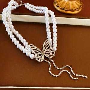 Double Layer Faux Artificial Pearl Necklace With Rhinestone Butterfly Pendant And Long Tassel Elegant Choker For Women