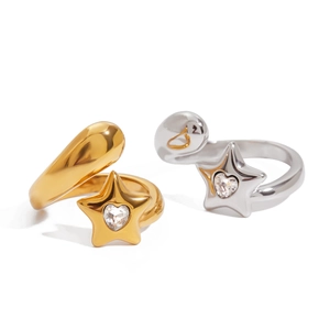 18K gold and silver stainless steel open rings with star and heart-shaped zircon stones