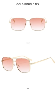 Front and side views of large square aviator sunglasses with gold frames and tea lenses