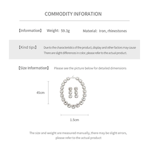 Detailed size chart for rhinestone tassel necklace and earrings with product dimensions