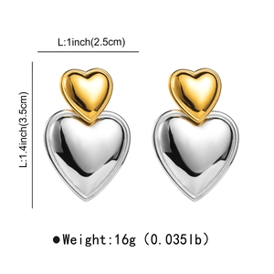 Detailed view of heart-shaped earrings with size dimensions and gold-silver dual tone finish