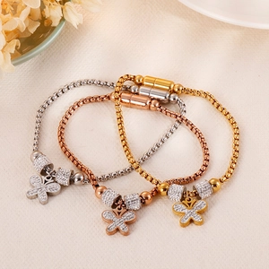 Three-color pearl chain bracelets with crystal butterfly charms and magnetic clasps