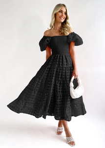 Detail of off-shoulder black bubble sleeve dress with pleated bodice and tiered skirt