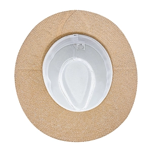 Classic straw sun hat with 100% paper fiber weave and interior sizing label detail