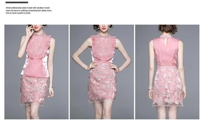 Détail du haut en satin rose sans manches à volants et jupe en dentelle à paillettes