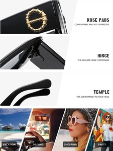 Detail of square sunglasses with gold accents plus lifestyle scenes for travel and driving