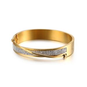 Fashion Stainless Steel Bangle Bracelet For Women Rhinestone Inlaid Greek Key Meander Pattern Crossover Design Elegant Jewelry
