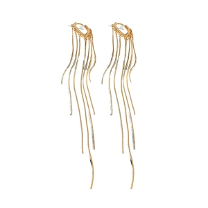 Elegant gold plated waterdrop tassel earrings with flowing metal wave chains on white