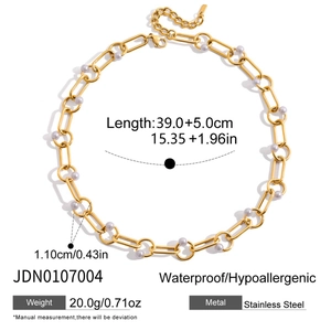 Detailed view of chunky 18K gold stainless steel chain necklace with lavender pearls