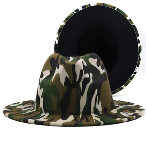 Classic woodland camouflage wool fedora hat with flat brim and indented crown for men and women