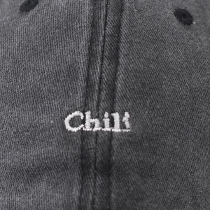 Washed dark grey cotton baseball cap with white embroidered Chili text detail