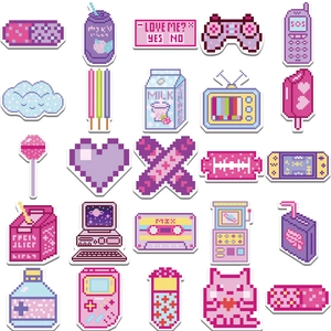 Lot de 25 autocollants pixel art roses avec consoles rétro et cœurs pour ordinateurs