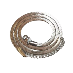 Close-up of silver flat snake chain necklace with lobster clasp and extender link