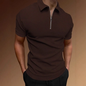 Men's dark brown short sleeve polo shirt with half-zip collar in slim fit athletic style