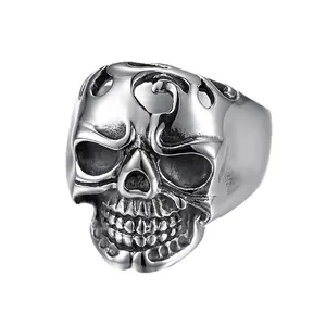 Vintage silver hollow skull stainless steel ring with 3D punk gothic design