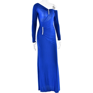 Detailed view of royal blue one-shoulder dress featuring sequin trim and ruched texture