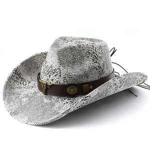 Classic western cowboy hat with black and white snake skin pattern and bull head buckle
