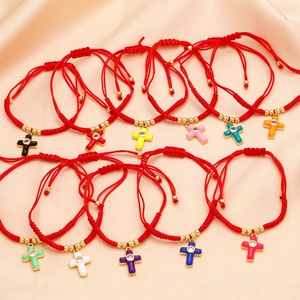 Handmade red string bracelets with 18k gold plated colorful enamel cross pendants