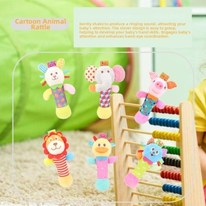 Detail of 6 plush animal baby rattles with colorful patterned handles for grip training