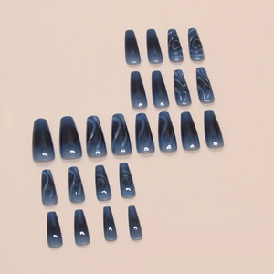 Deep blue marble gradient long coffin press-on nails with shiny finish 24pcs set