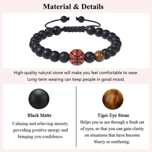 8mm black matte stone and tiger eye beaded basketball charm adjustable woven bracelet