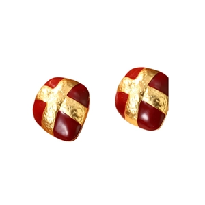 Vintage red enamel and gold square stud earrings on a white background for Christmas