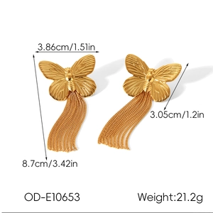 Detailed technical diagram of golden butterfly tassel earrings with precise size measurements