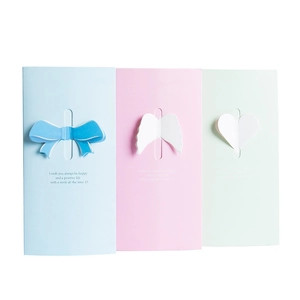 Three-fold 3D greeting cards with heart and wing decorations in pastel colors