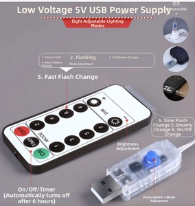 Remote control and USB connector for 8 modes LED snowflake string lights