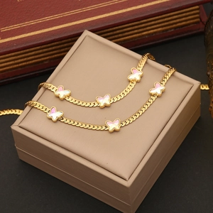 Butterfly Pendant Necklace And Bracelet Stainless Steel Gold Plated Flat Snake Chain Iridescent Jewelry For Women