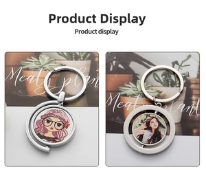 Detail of rotating metal keychain showing custom photo and illustration sublimation