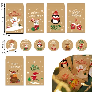 Christmas kraft paper bags with assorted cartoon patterns and round sealing stickers