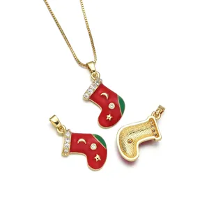 Christmas stocking pendants in gold finish with red green enamel and zircon accents