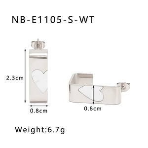 Detailed view of silver rectangular earrings with white heart shell inlay and dimensions