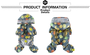 Detail view of waterproof dog raincoat with lemon print and leash hole design