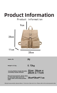 Detailed size specifications and multi-way carry options for the beige PU leather backpack