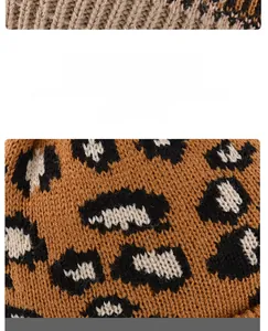 Detailed view of the thick leopard print knit texture on this warm winter beanie