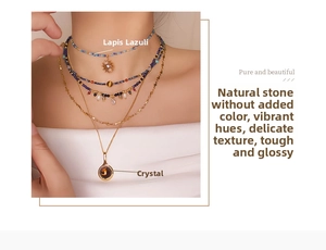 Detail view of layered beaded necklace with lapis lazuli and evil eye pendant charm