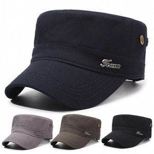 Men Flat Top Military Cap Polyester Cotton Blend Adjustable Cadet Hat Outdoor Sunshade Casual Army Style Jeans Metal Logo