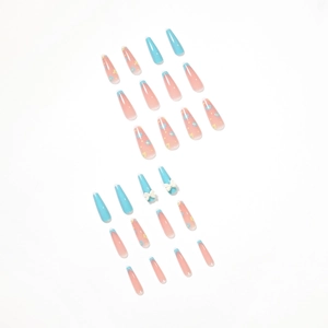 24pcs Macaron blue floral coffin press on nails with 3D white bow and french tips