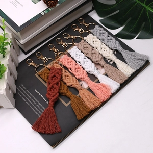 Handmade bohemian cotton rope keychain set with gold lobster clasps and tassels