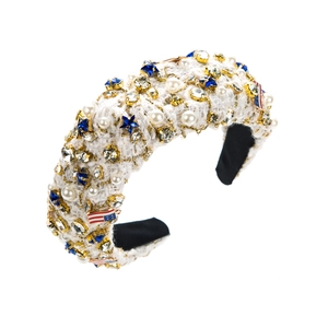Serre-tête en tweed blanc avec perles, étoiles et charmes drapeau USA de Noël