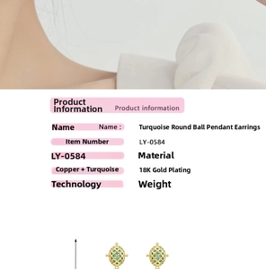 Detail of turquoise sphere drop earrings with 18K gold plated hollow mesh design