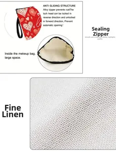 Linen makeup bag detail with heart print, smooth alloy zipper and large storage space