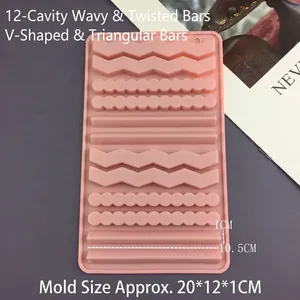 Pink silicone mold with 12 slots for wave and spiral textures, 20x12x1cm for baking