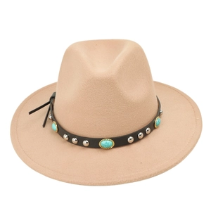 Detail of felt fedora hat featuring black leather band with turquoise stones and silver studs