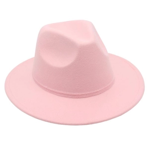 Detail of light pink wool felt fedora showing the wide flat brim and simple decorative band